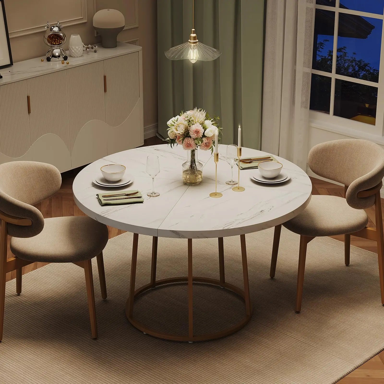 120cm Round Table - Wooden Faux Marble Top & Gold Base Design