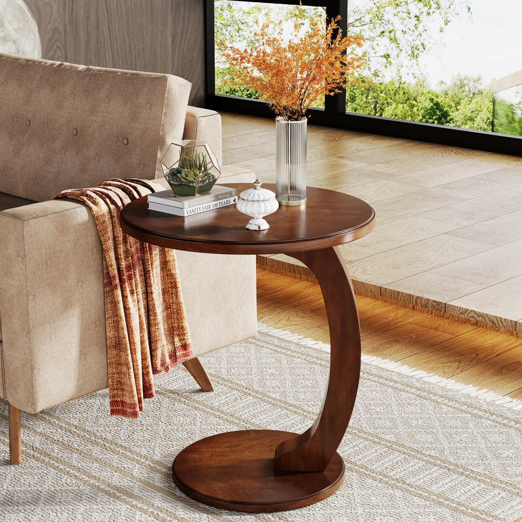Round End Table, Wood C-Shaped Side Table,rer Mid-Century End Table, Retro Side Table