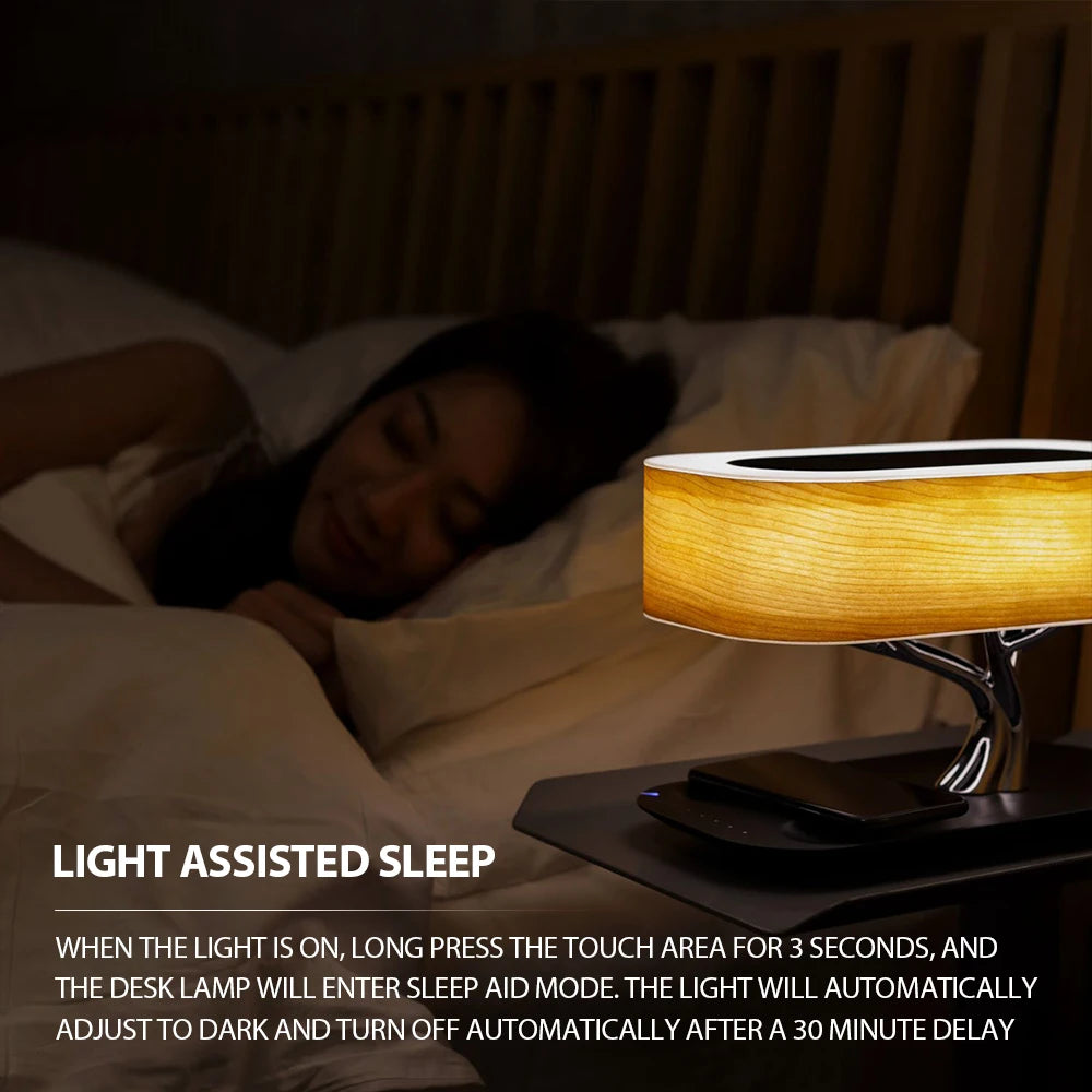 Wireless charging speaker, ambient light, adjustable brightness, touch control lamp for bedroom