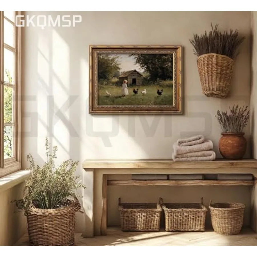 Vintage Gold Framed Farmhouse canvas Chicken Wall Art Retro Country Farm Girl and Chicken