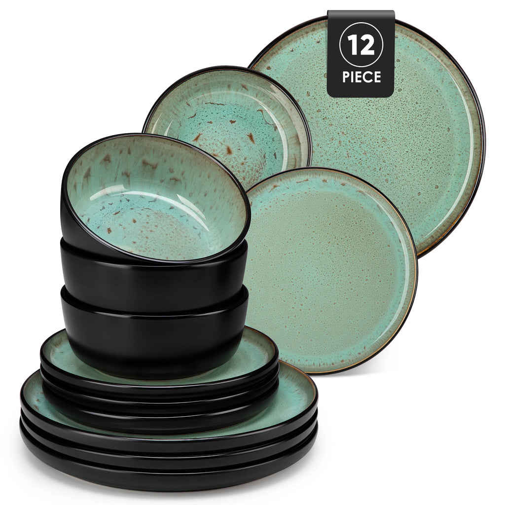 12/16 Piece Ceramic Dinnerware Set Matte Black Stoneware Plates Set with 4/6 Pcs Dinner Plate/Dessert/Bowl/Soup