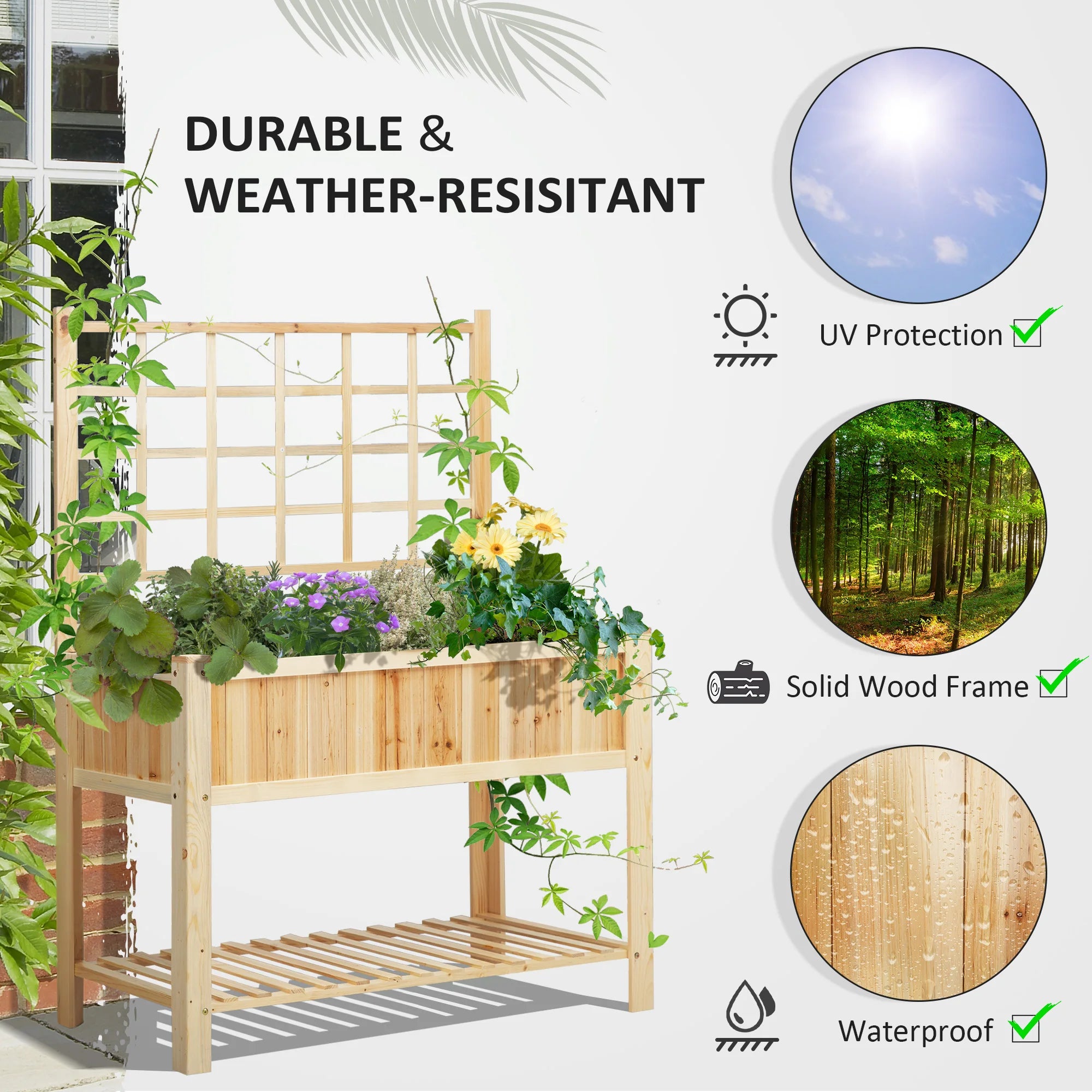 47'' Wooden Raised Garden Bed with Trellis, Countryside Style Elevated Planter Stand with Open Storage Shelf