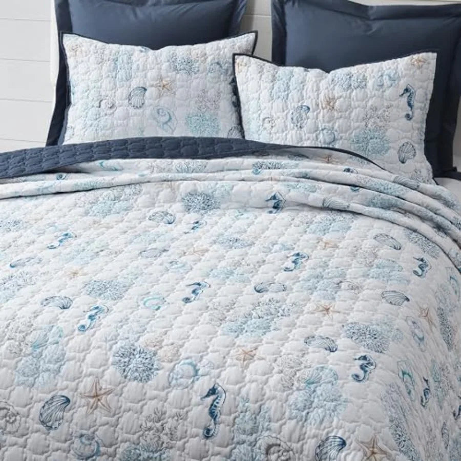 Cotton Coastal Quilt Set Shell Stitched Quilting Reversible with 2 Shams, Nautical Beach Lightweight