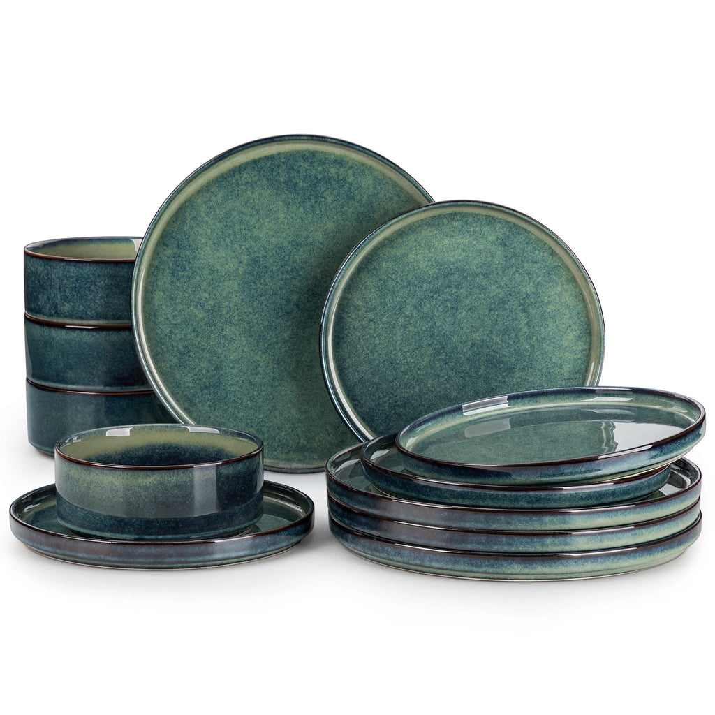Vancasso 12/24/36 Black Green Reactive Glaze Piece Dinner set Vertical edge 4PCS Dinner Plate/ Dessert/Bowl