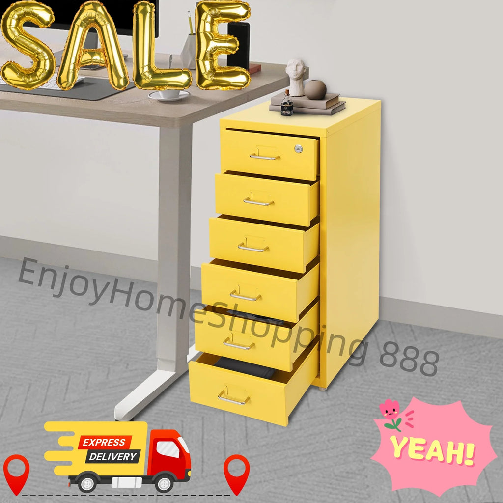6 Layer File Cabinet Metal Filing Cabinet Yellow Vertical File Cabinet With Lock Wheels Mobile Storage