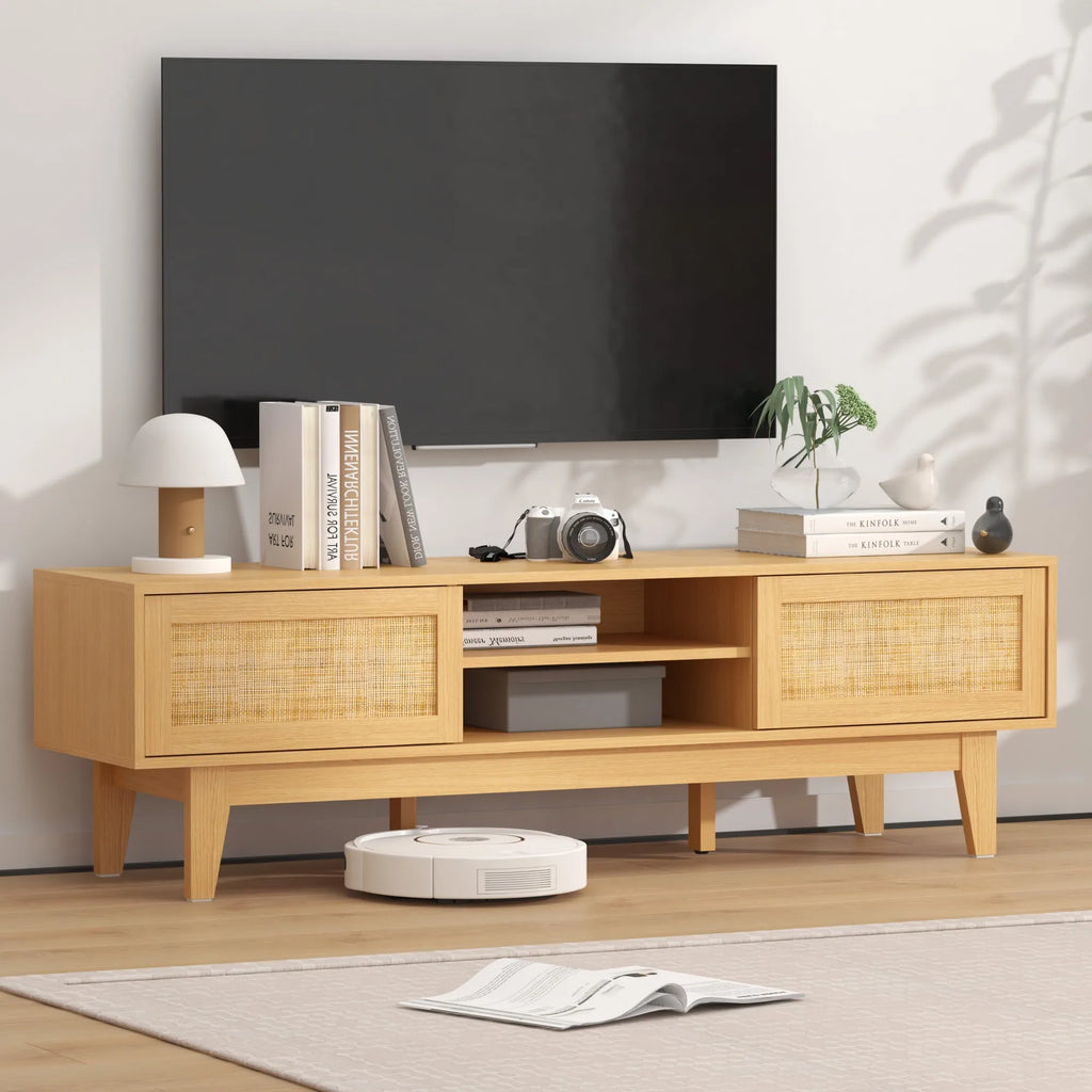 Boho TV Stand for 55 65 Inch TV, Rattan Entertainment Center with Shelves, Cabinets and Sliding Doors, cord holes