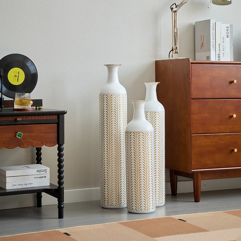 Large metal Drop-shaped Vase 3-piece Set, Modern Home  White and Gold