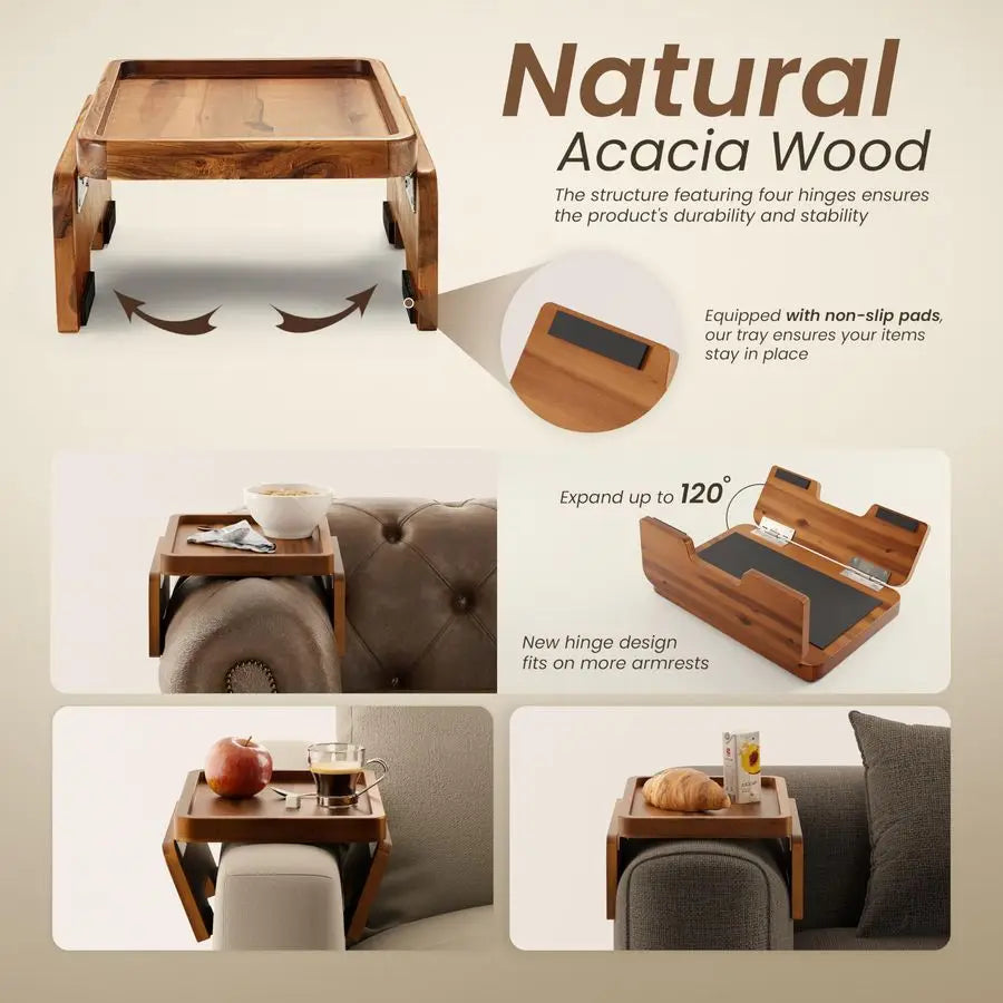 Sofa Armrest Double Hinge Clip On Table Tray Acacia Wood  9.5"D x 13.75"W x 5.5"H
