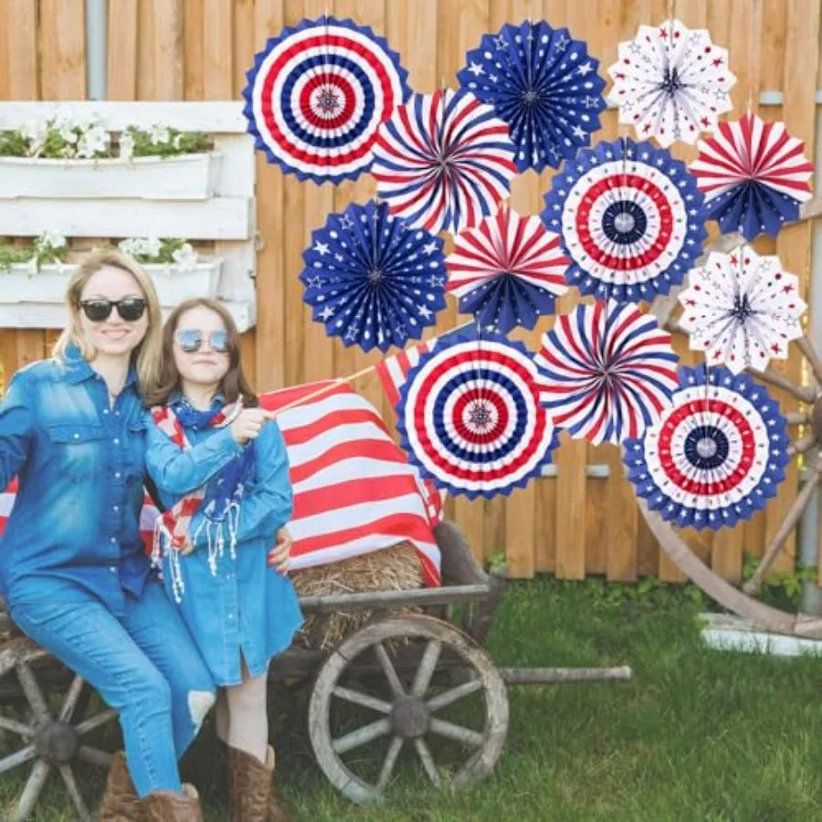 4th of July Patriotic Decorations - 12Pcs Hanging Paper Fan for USA Patriotic