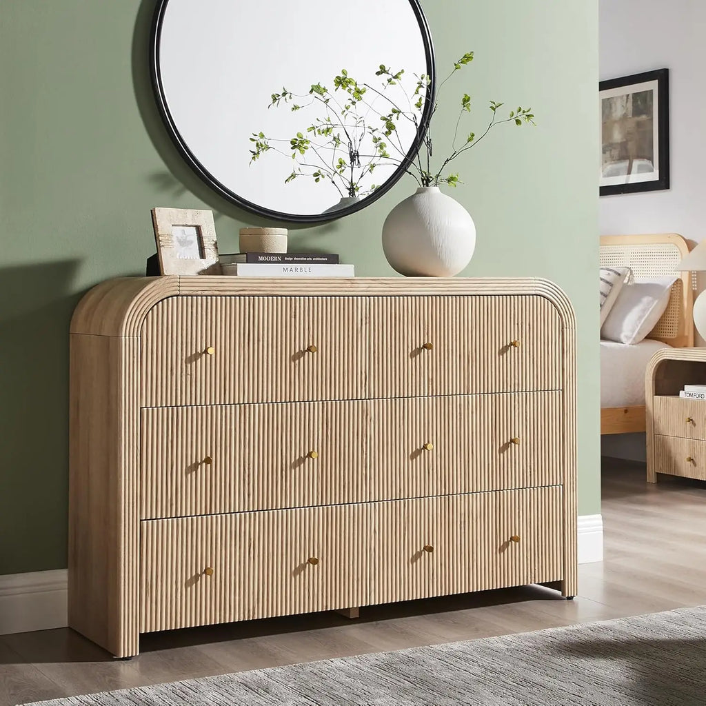 Fluted Wood, Wide, Curved 6 Drawer Dresser Bedroom 54in TV Stand Living Room Hallway Oak