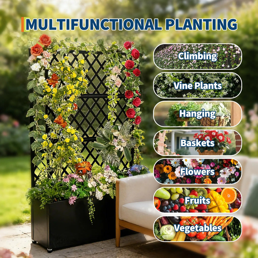 Galvanized Steel Raised Garden Bed With Trellis Privacy Screen, Locking Wheels & Drainage, Rolling Planter