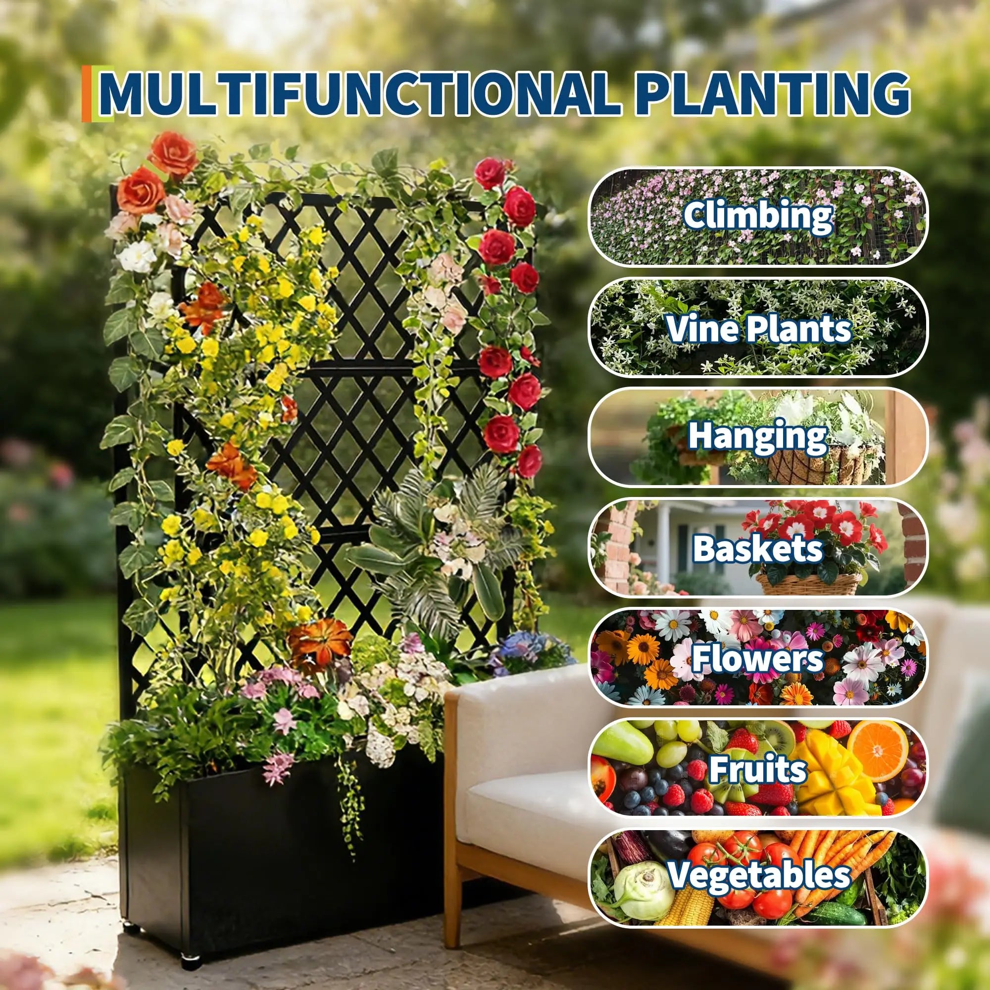 Galvanized Steel Raised Garden Bed With Trellis Privacy Screen, Locking Wheels & Drainage, Rolling Planter