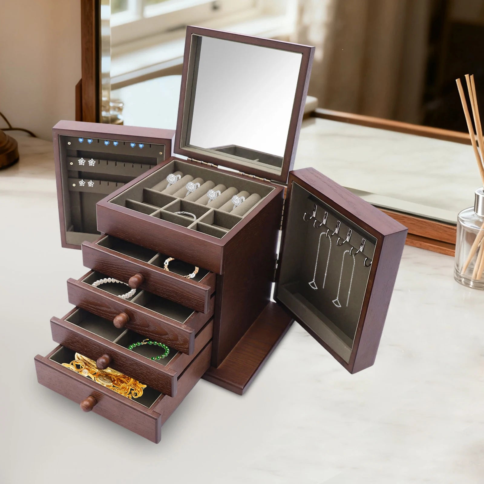 Jewelry Organizer Box, Multi-Compartment Storage Case with 4 Drawers & 6 Hooks & Built-in Mirror, Space-Saving MDF Vanity Stand