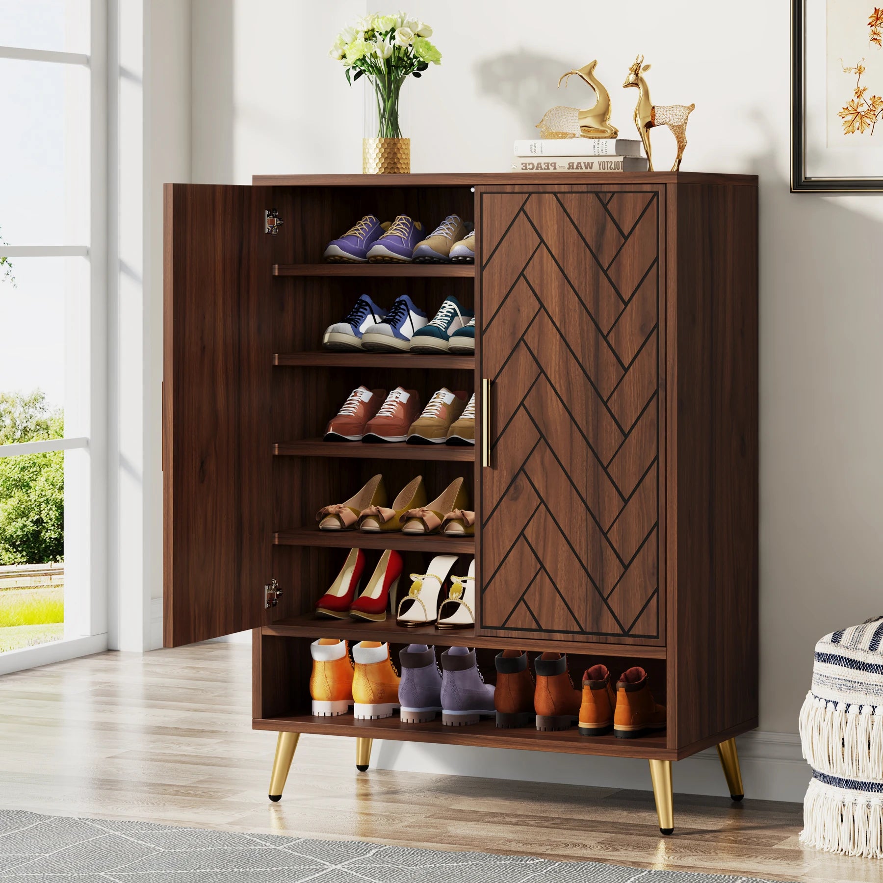6-Tier Shoe Cabinet with Doors, Walnut Wooden with Adjustable Shelves for Entryway