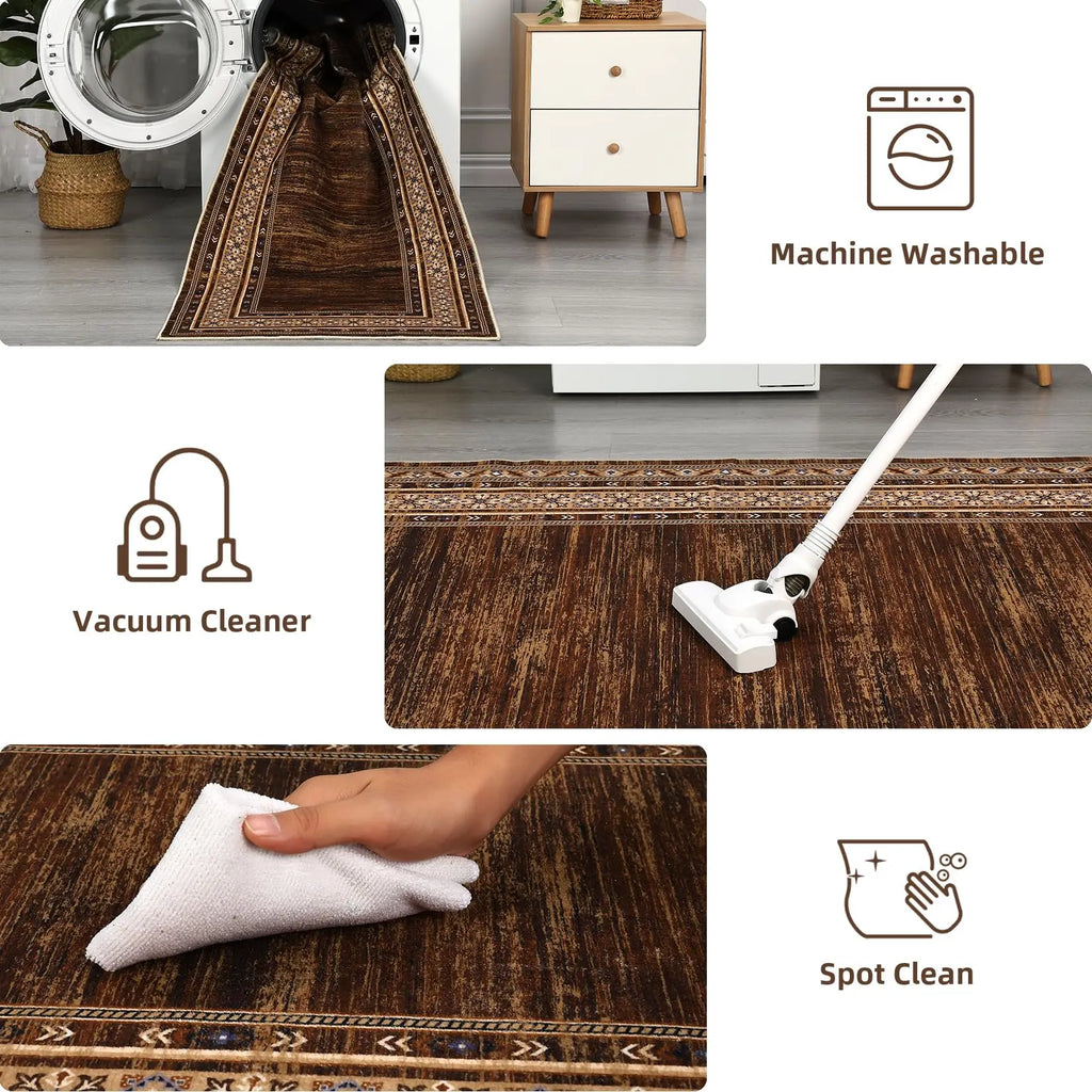 Area Rug 8x10 Washable Rug Brown Modern  Soft Non Slip Throw Carpet Low Pile Bordered  Foldable Thin Rugs