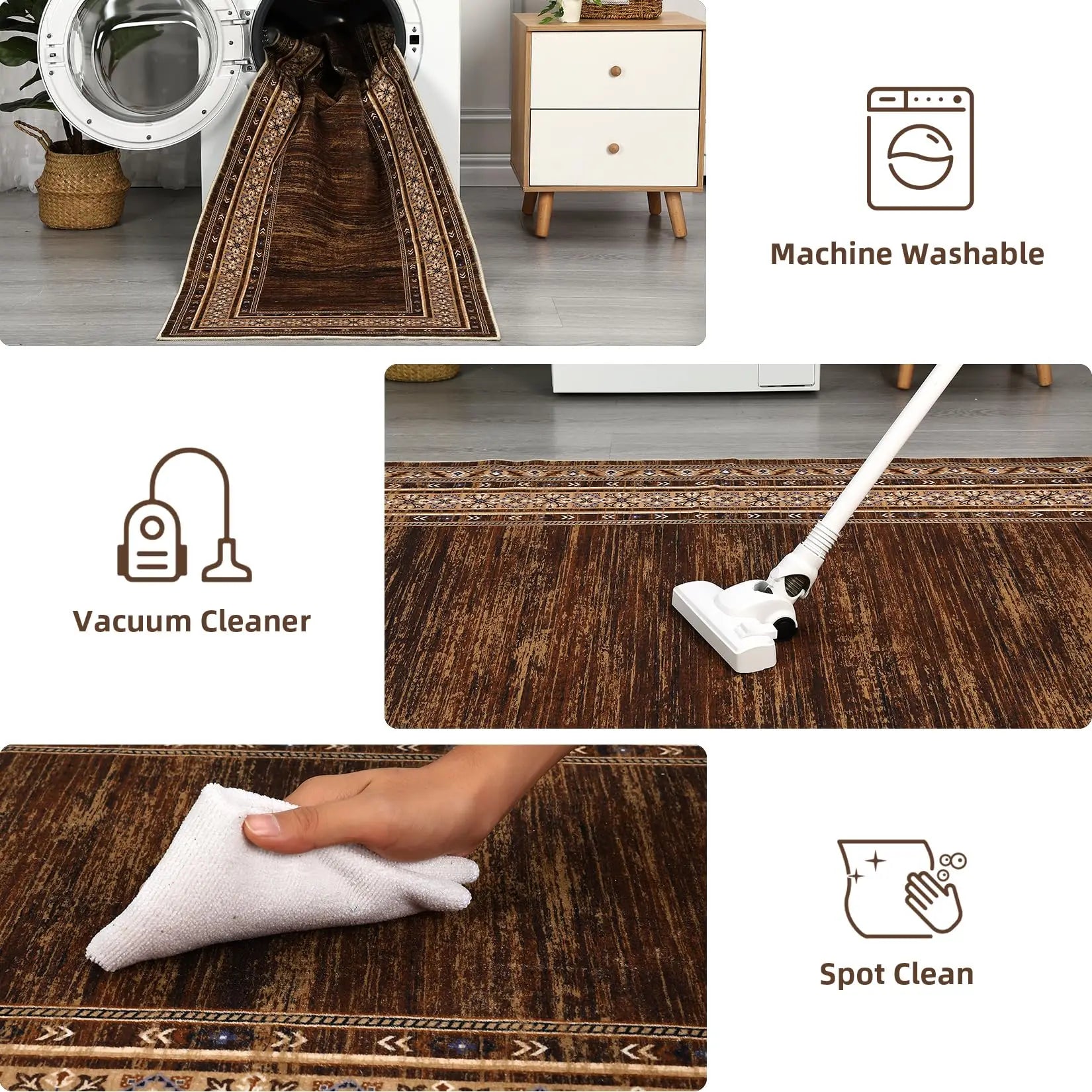 Area Rug 8x10 Washable Rug Brown Modern  Soft Non Slip Throw Carpet Low Pile Bordered  Foldable Thin Rugs