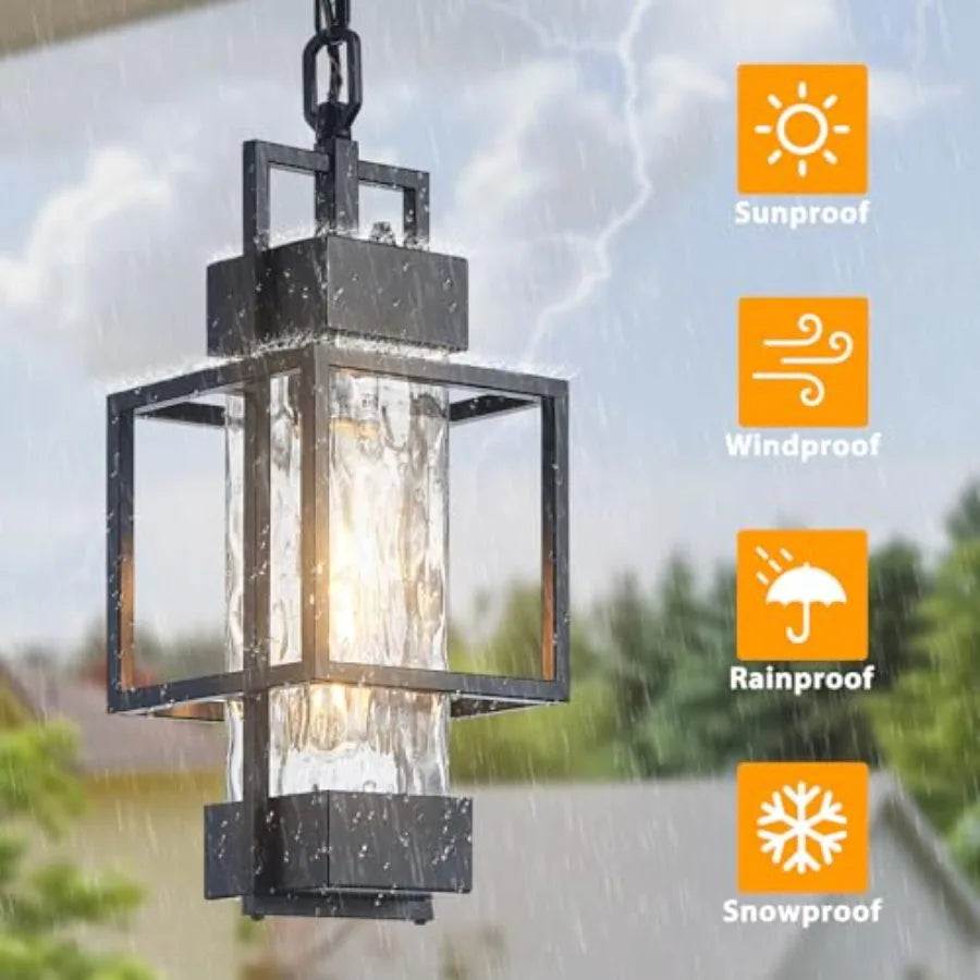 17" Outdoor Chandelier Pendant Light Fixture for Porch Modern Black Dusk to Dawn Exterior Hanging Pendant Lantern