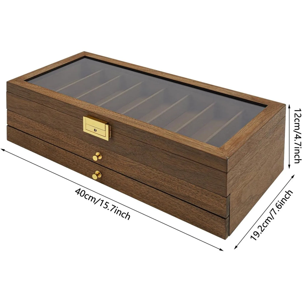 3-Layer Pocket Knife Display Case, 22 Slot Lockable Knife Storage Box with Clear Glass Lid, Wooden Collector  Knives - Walnut Color