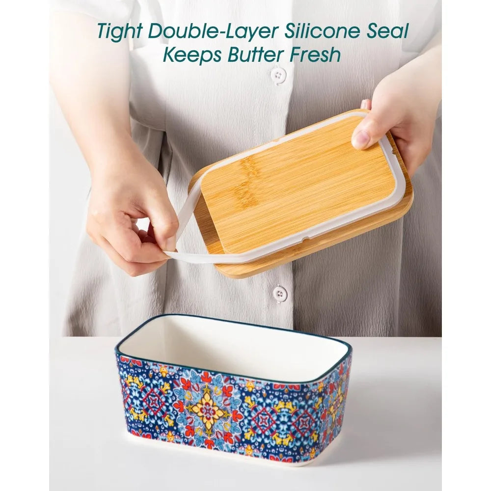 Bohemian Ceramic Butter Dish with  Bamboo Lid and knife , 6.5"