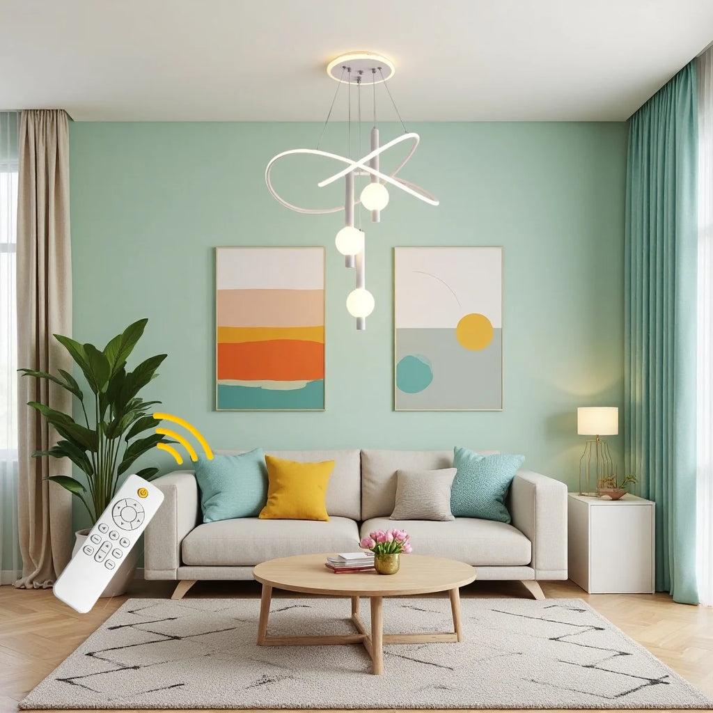 Lollipop-shaped LED pendant light, with three adjustable light colors, remote control/switch operation, and adjustable height;