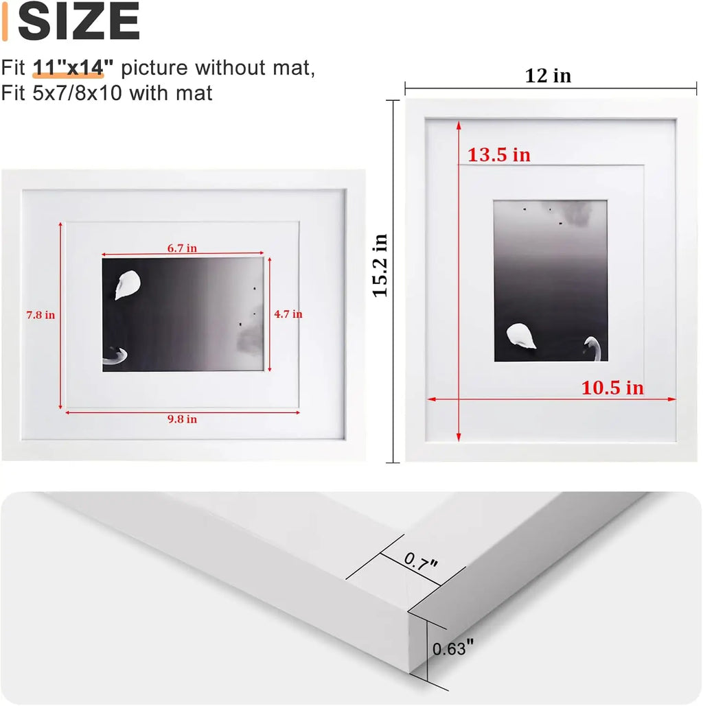 11x14 Picture Frames Set of 4, Solid Wood with Plexiglass, 5x7 and 8x10 with Mat or 11x14 without Mat