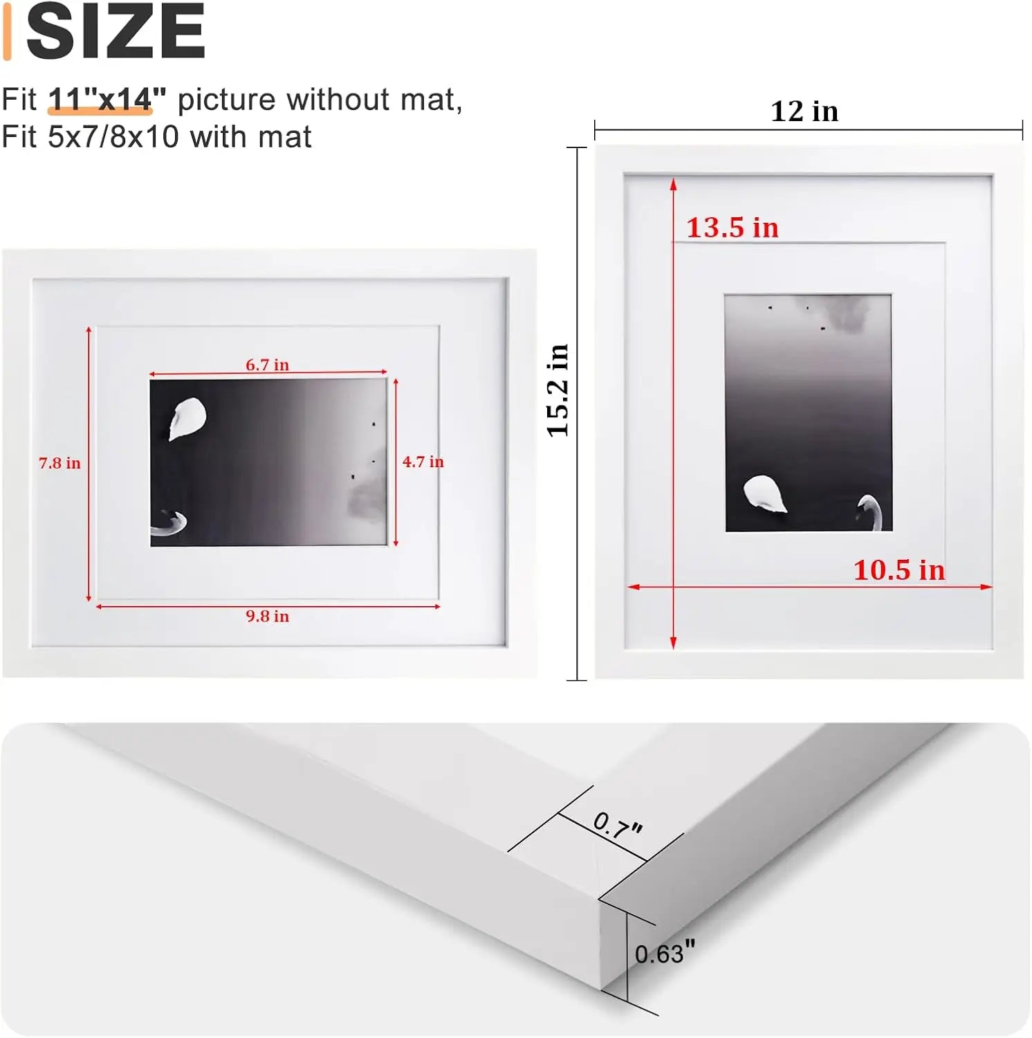 11x14 Picture Frames Set of 4, Solid Wood with Plexiglass, 5x7 and 8x10 with Mat or 11x14 without Mat