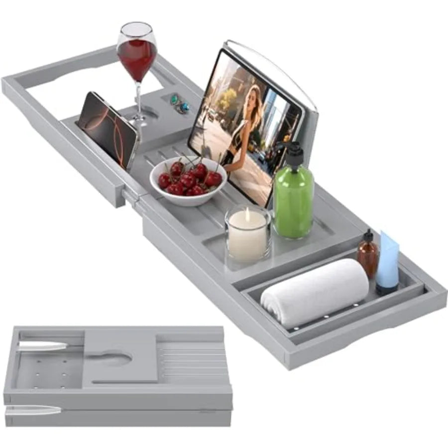 Foldable and Expandable Bamboo Bathtub Caddy Tray for Tub