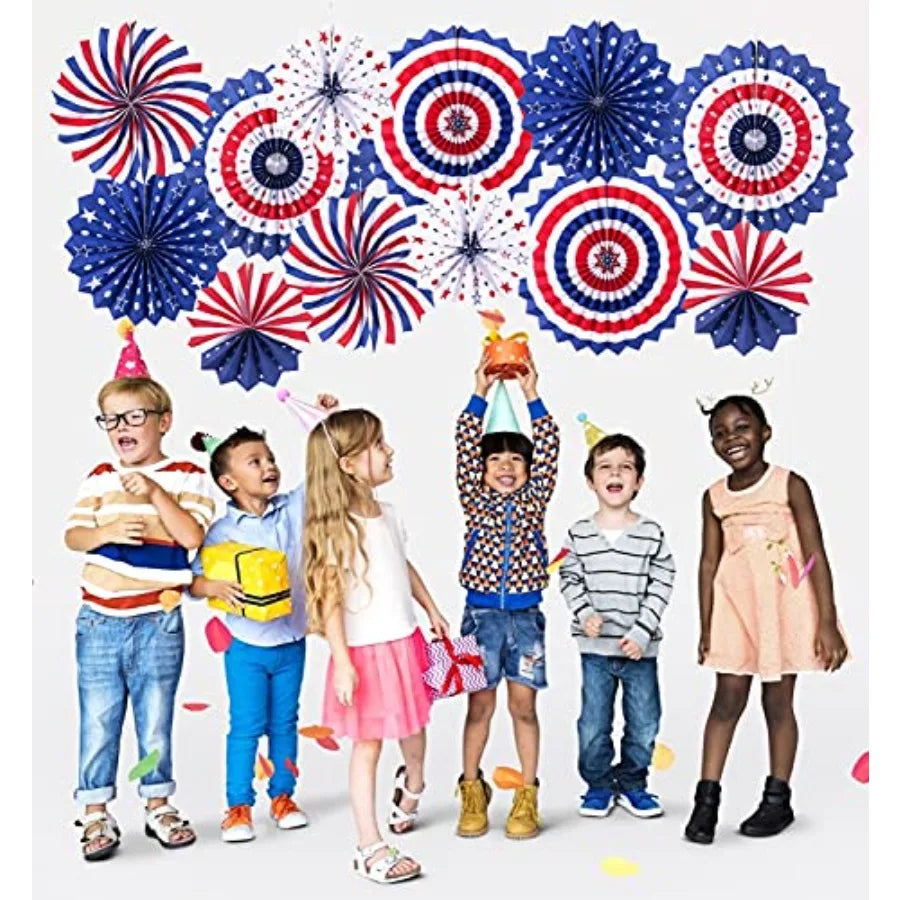 4th of July Patriotic Decorations - 12Pcs Hanging Paper Fan for USA Patriotic