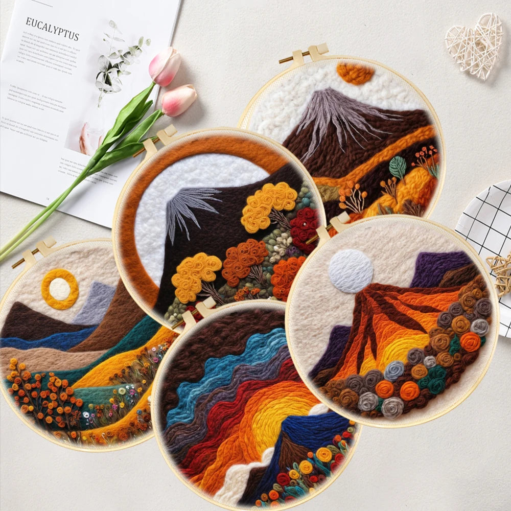 CHENISTORY DIY Wool Felting  Mountain Landscape With Embroidery Frame