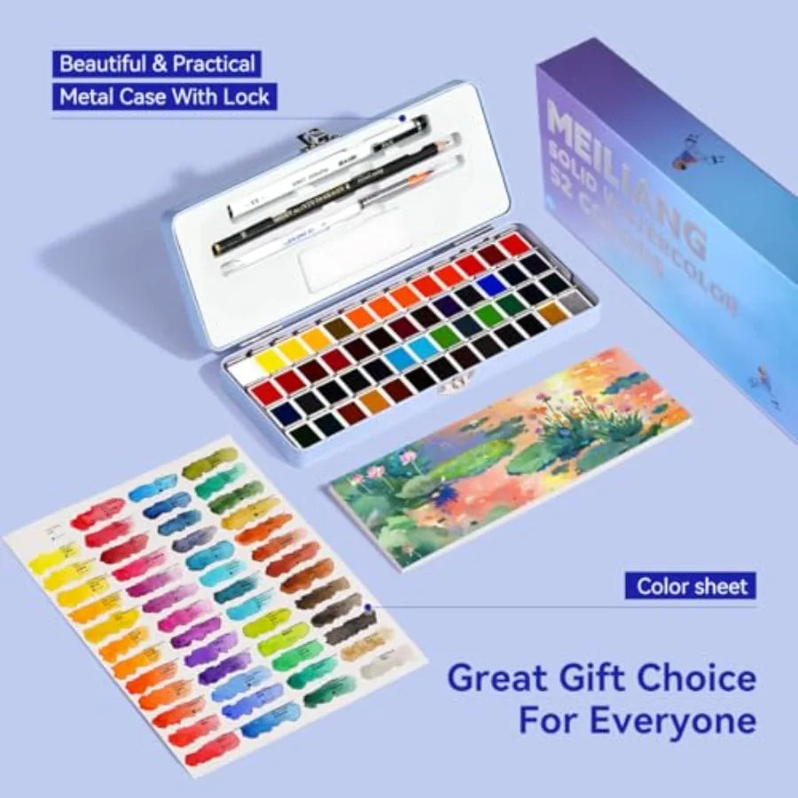 52 Vibrant Colors Watercolor Paint Set for Adults Metallic Shades, Includes Brush, Pencil, Sponge