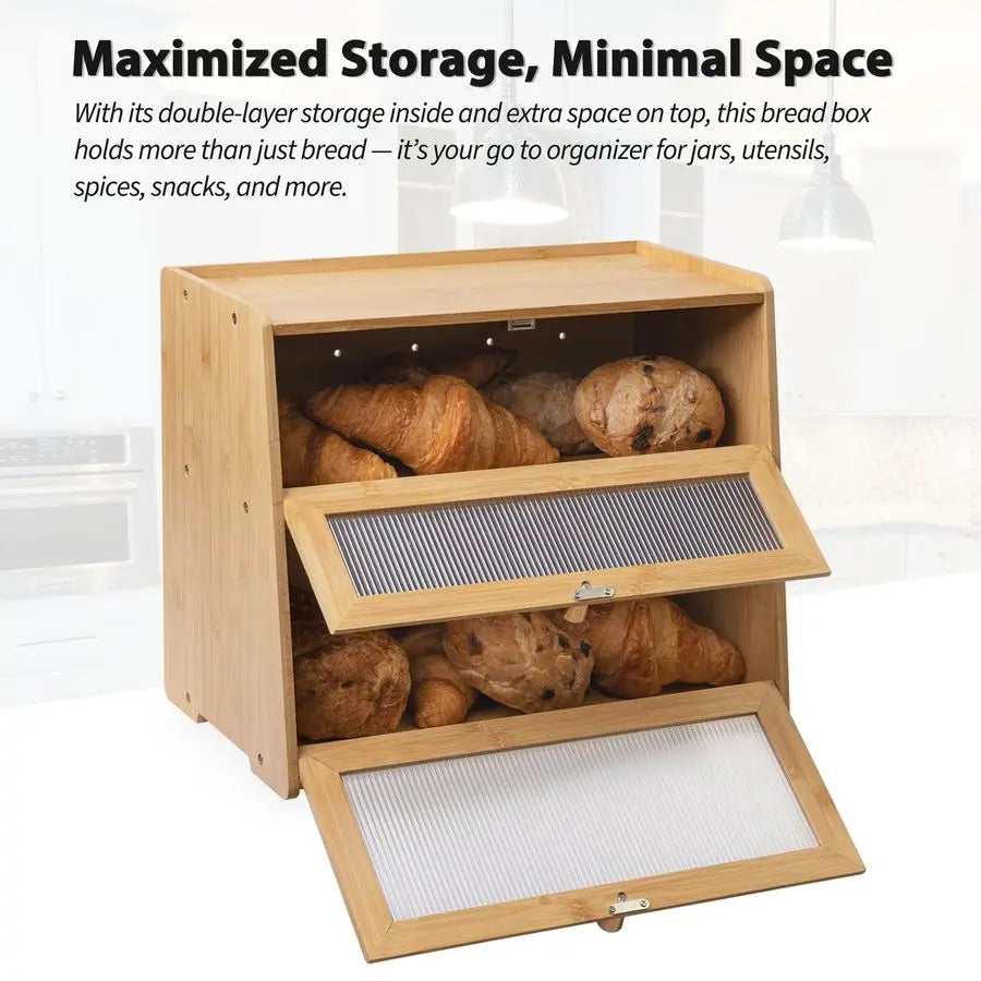 Bamboo Bread Box 2 Tiered Large Capacity