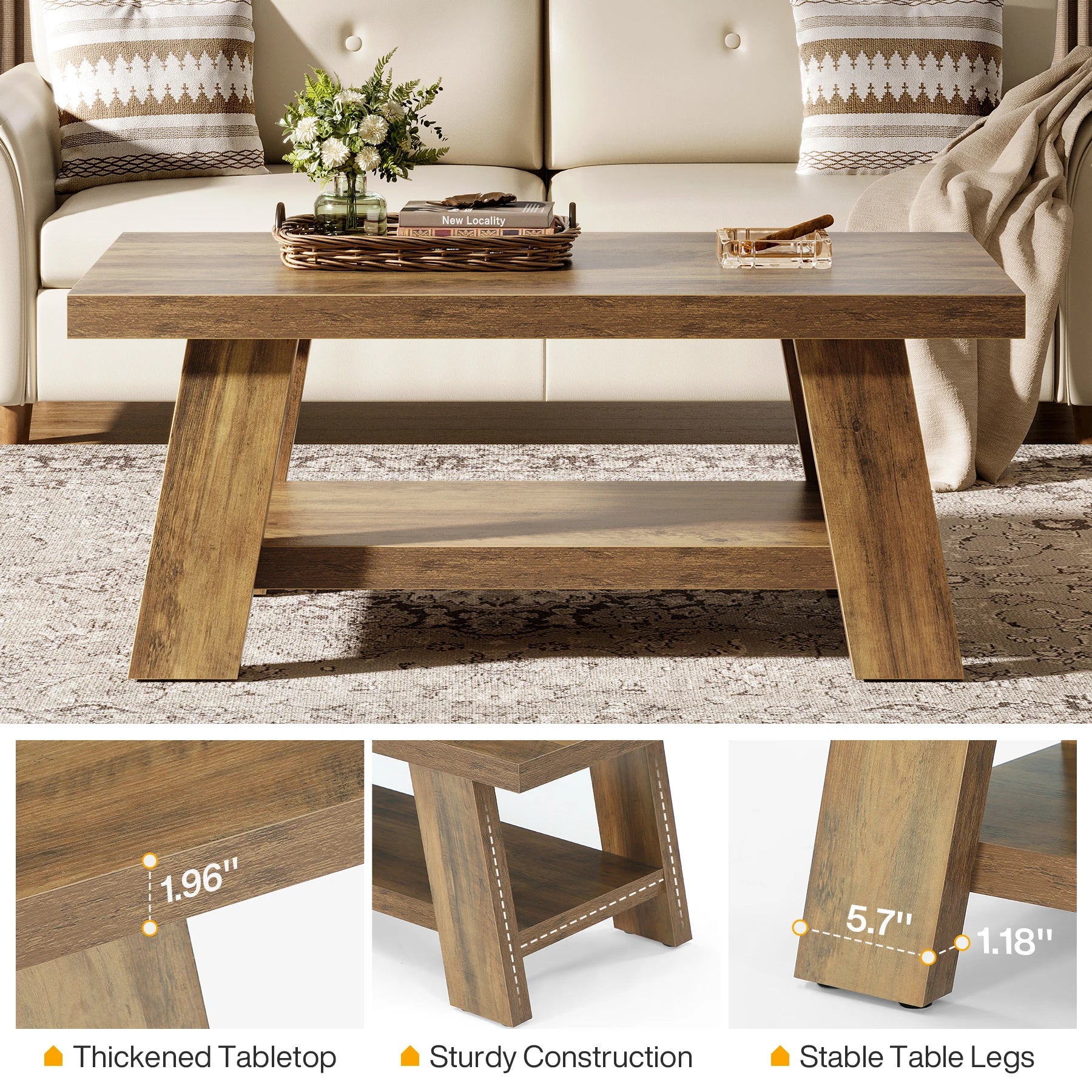 Tribesigns Rectangle Wood Farmhouse Table, Rustic  120 cm , 2-Tier