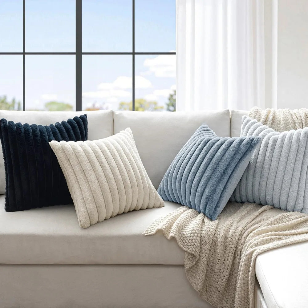 Throw Pillow Covers 18x18 Set of 4, Soft Fuzzy Striped