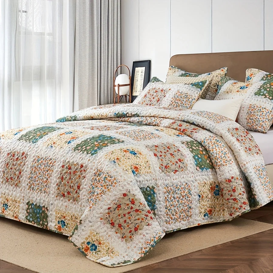 2/3pcs Quilt Set Queen King Twin Full Size Lightweight Floral Patchwork Comforter Bedding Set, Pillow Shams