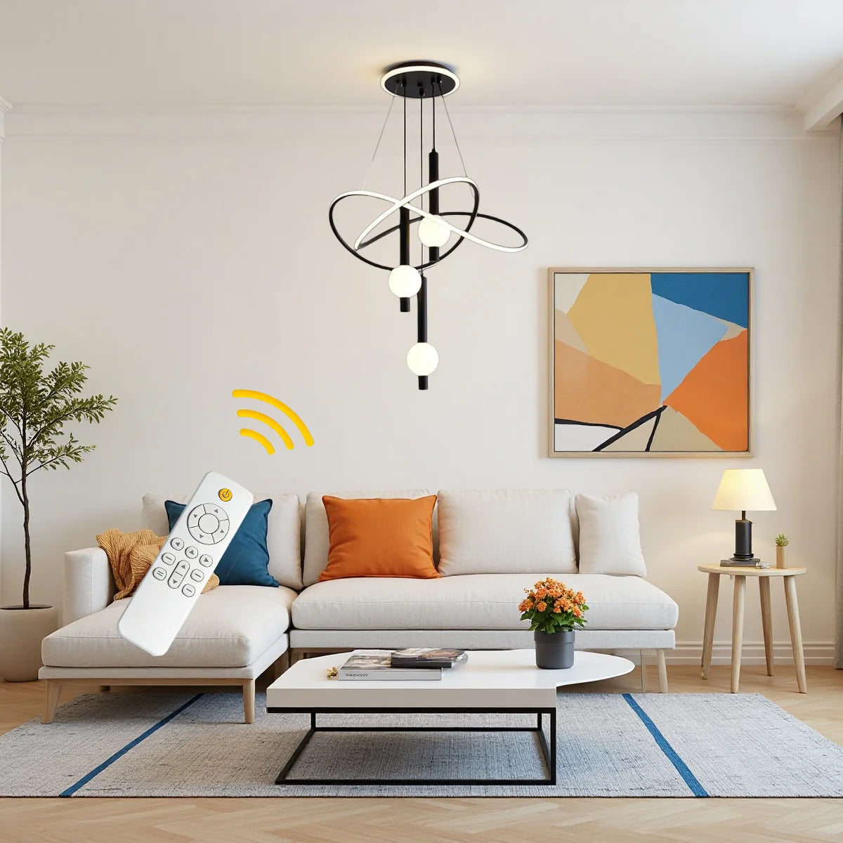Lollipop-shaped LED pendant light, with three adjustable light colors, remote control/switch operation, and adjustable height;