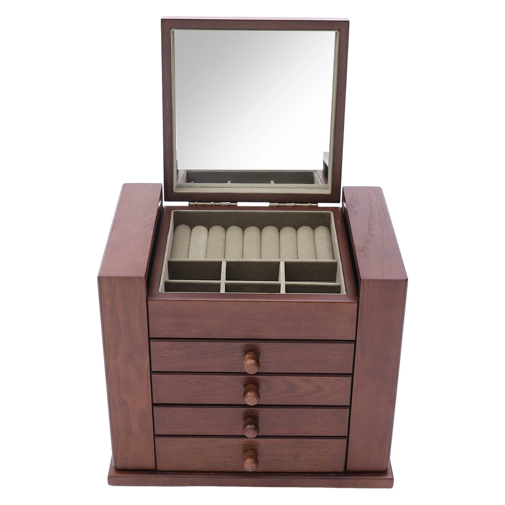 Jewelry Organizer Box, Multi-Compartment Storage Case with 4 Drawers & 6 Hooks & Built-in Mirror, Space-Saving MDF Vanity Stand