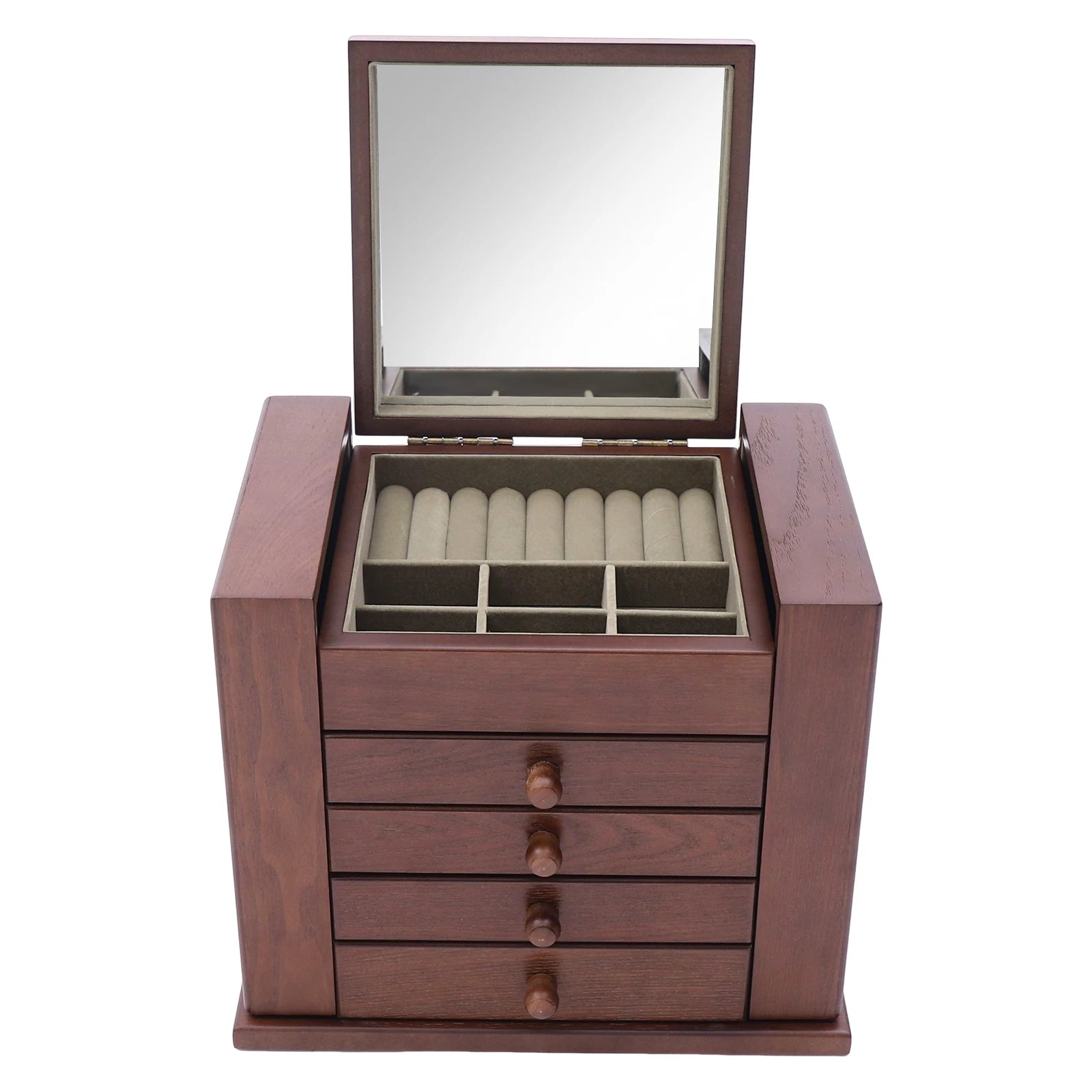 Jewelry Organizer Box, Multi-Compartment Storage Case with 4 Drawers & 6 Hooks & Built-in Mirror, Space-Saving MDF Vanity Stand