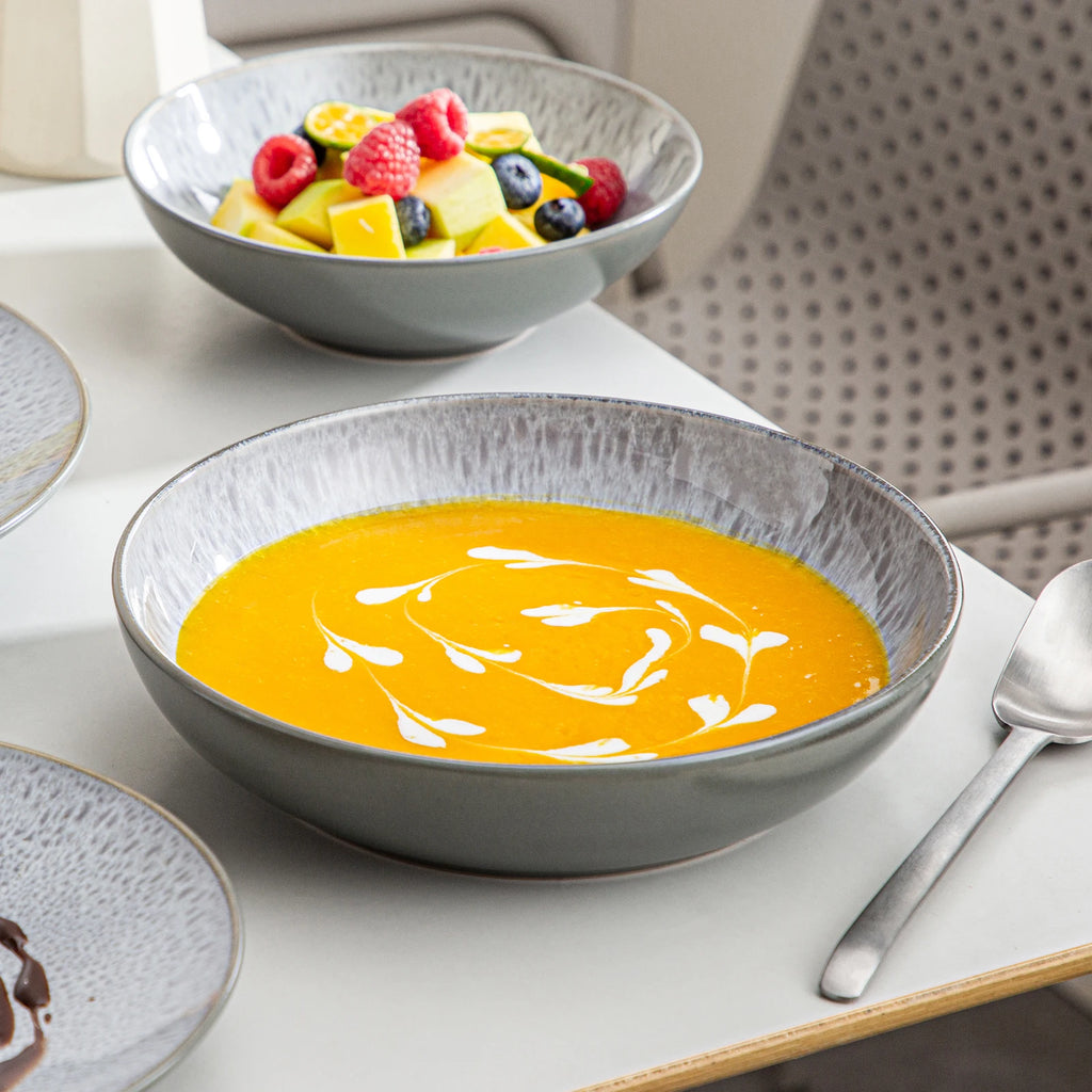16/32/48 Piece Embossed Stoneware Tableware Set with Dinner/Dessert Plate/Soup Bowl/Mug Service for 4/8/12 Person