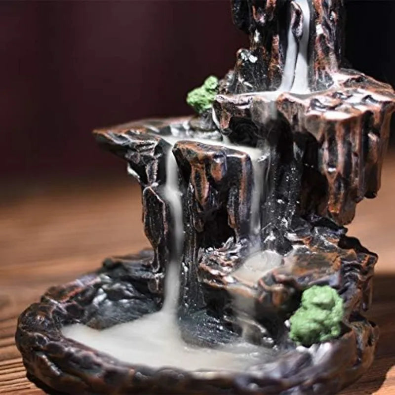 Waterfall Monk Incense Burner Mountain Tower Stone Brown