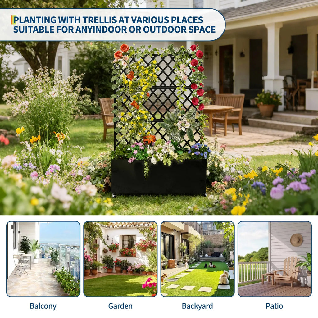 Galvanized Steel Raised Garden Bed With Trellis Privacy Screen, Locking Wheels & Drainage, Rolling Planter