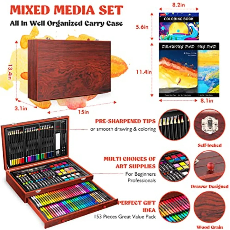 153-Pack Deluxe Art Set in Wooden Case, Drawing Painting  2 A4 Sketch Pads, Coloring Book