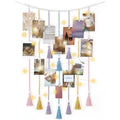 Macrame Hanging Photo Display Wall Decor with String Lights Boho Room Bedroom Wooden Beads Garland Picture