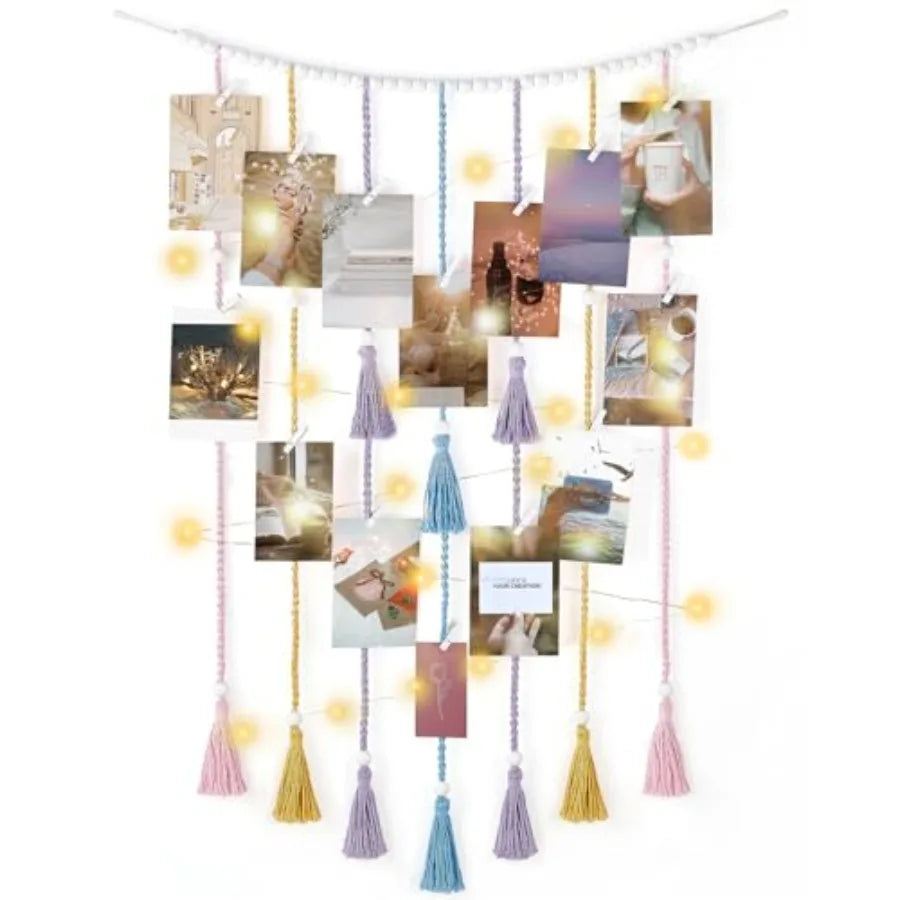 Macrame Hanging Photo Display Wall Decor with String Lights Boho Room Bedroom Wooden Beads Garland Picture