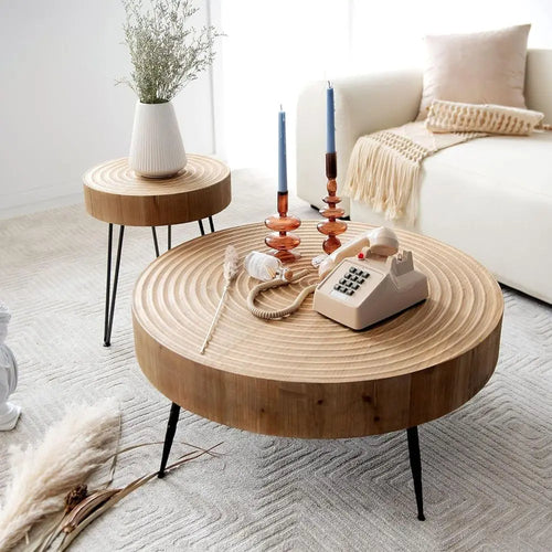 2Piece Round Natural Wood Nesting  Table Set,  Black Metal Legs, Ring Pattern Rustic Farmhouse