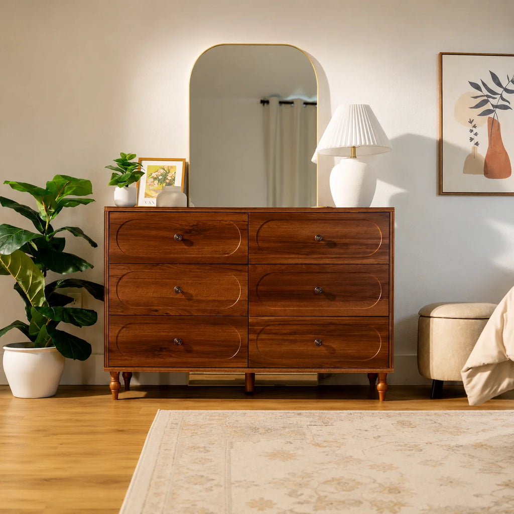 Stylish Mid-Century Modern 6-Drawer Dresser – 47” Wide Dark Walnut Wood Chest with Solid Legs