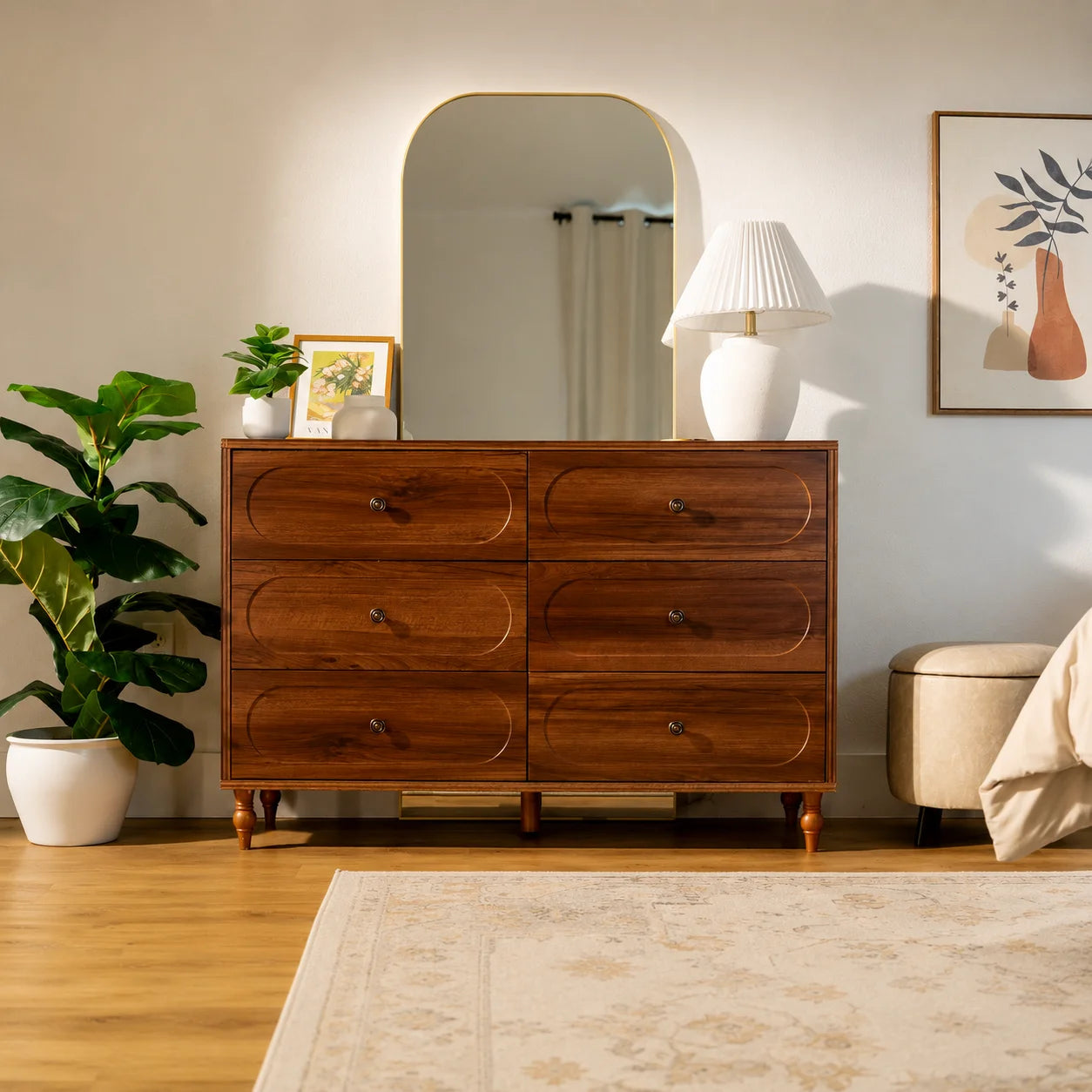 Stylish Mid-Century Modern 6-Drawer Dresser – 47” Wide Dark Walnut Wood Chest with Solid Legs
