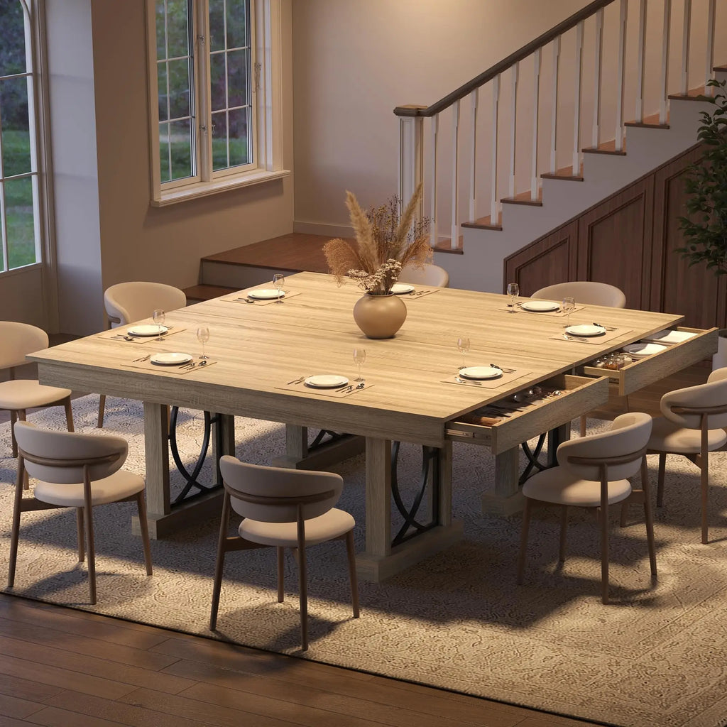 Large 71 Inch Table With 2 Storage Drawers For 6-8, Rustic Wood Kitchen Table, Heavy Duty Base,