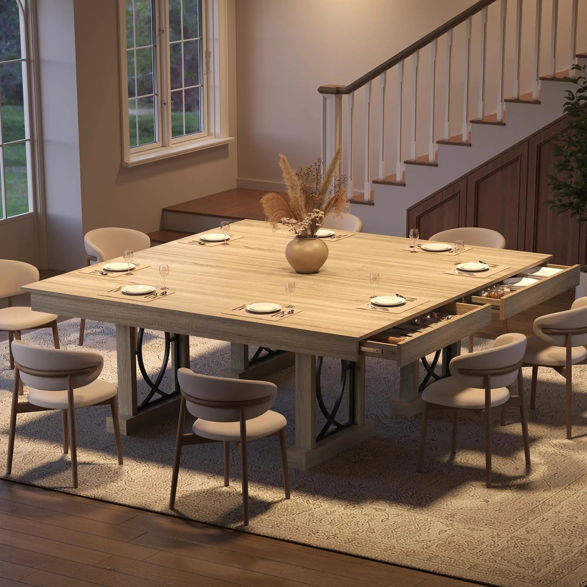 Large 71 Inch Table With 2 Storage Drawers For 6-8, Rustic Wood Kitchen Table, Heavy Duty Base,
