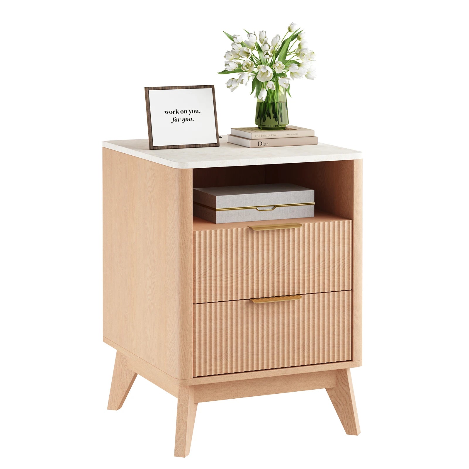 18IN 2 Drawers Wooden Nightstand with Charging Station Bedside Table with with Faux Marble Top Mid-Century Modern
