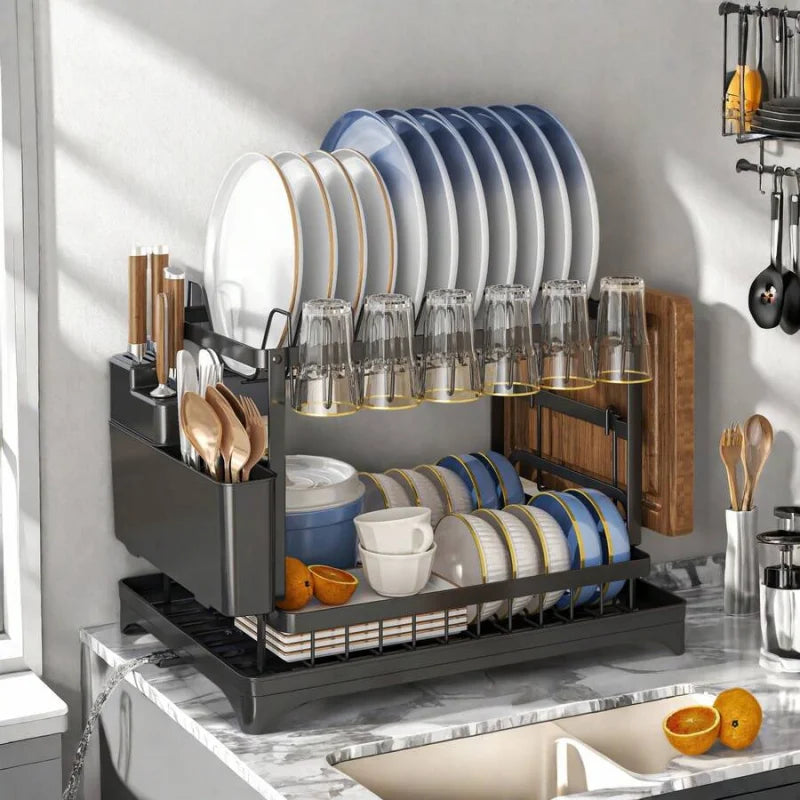 Stainless Steel Rust Proof Metal Dish Drying Rack 2 Tier Large Capacity  Automatic Drainage